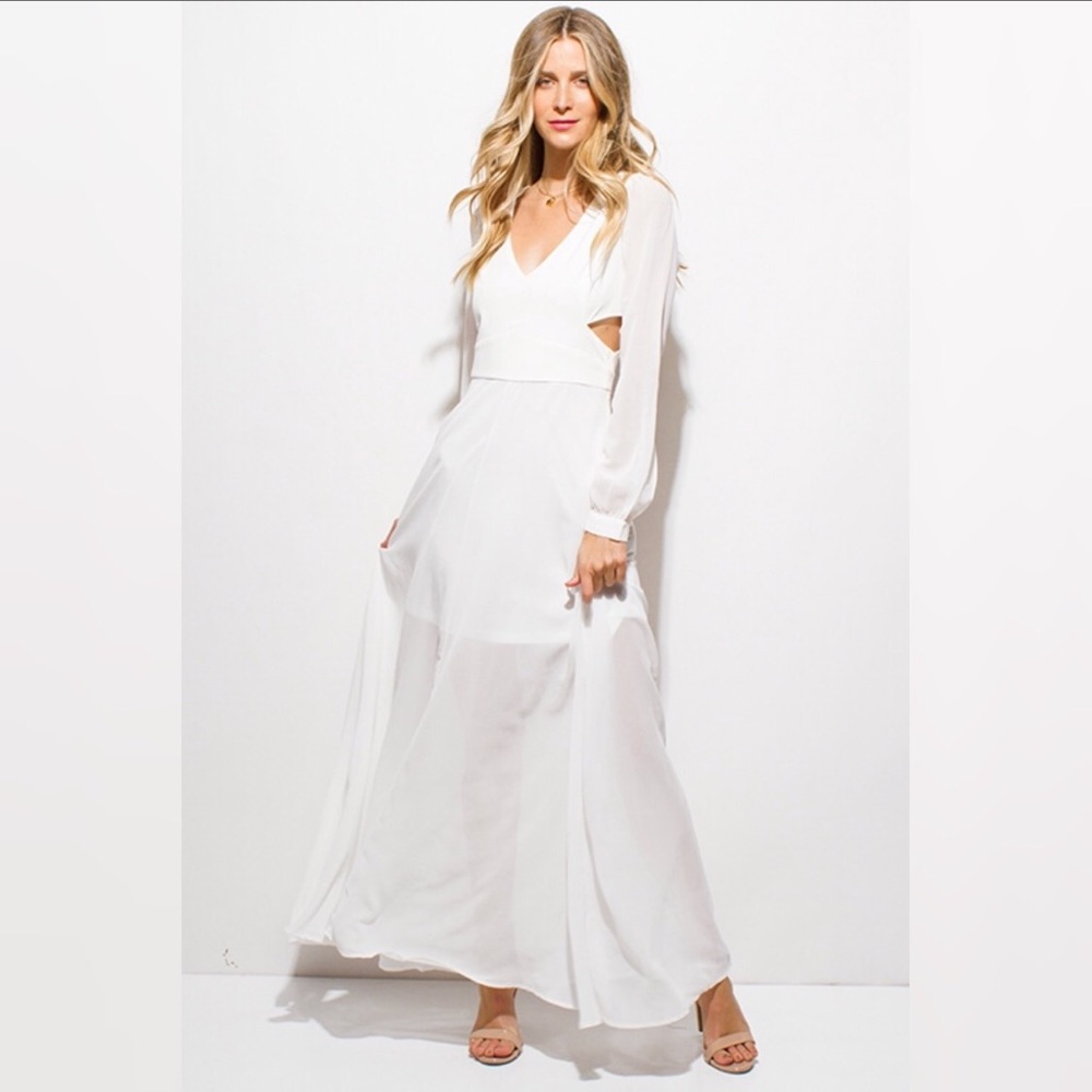 White Chiffon Blouson Long Sleeve Boho Maxi Dress - Picture 5 of 6